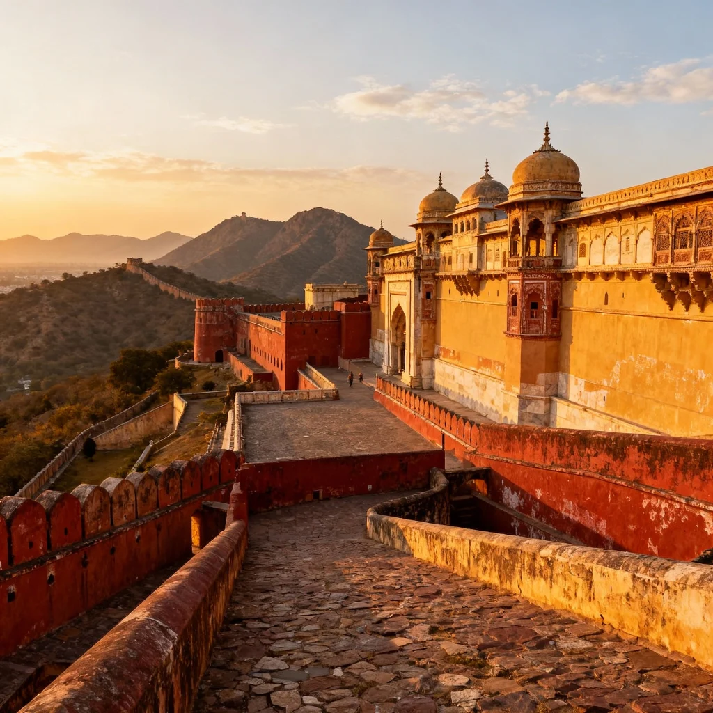 Panoramic view of the Amber Fort, Jaipur during sunrise.