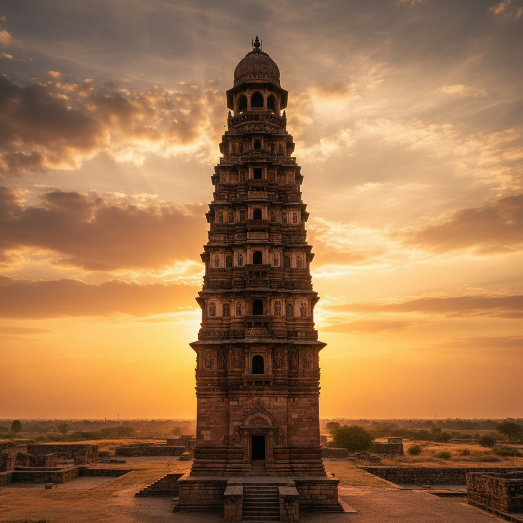 Victory Tower (Vijay Stambh) against a golden sky.