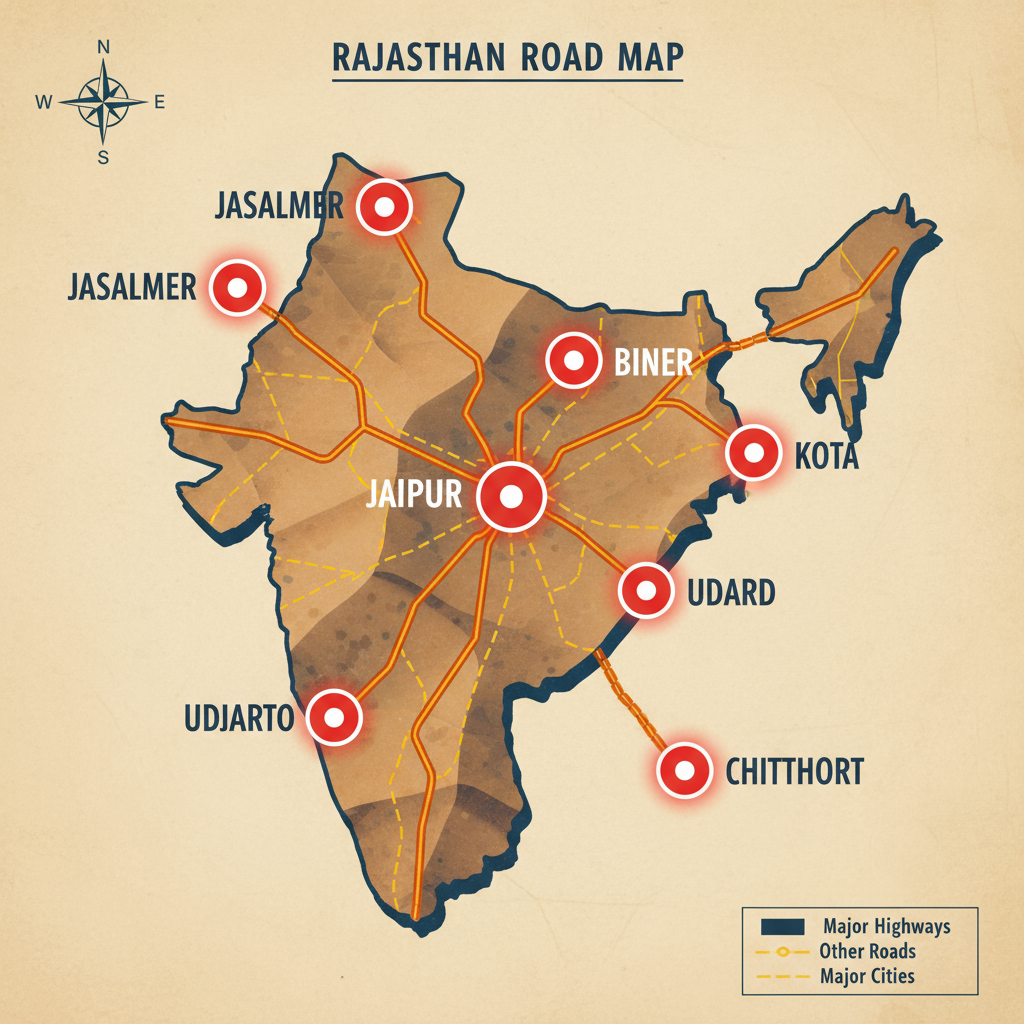 Road map-style graphic of Rajasthan highlighting major cities.
