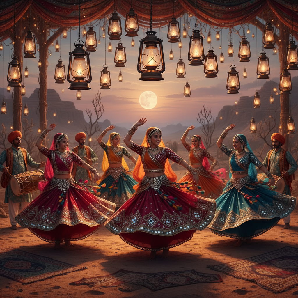 Folk dancers performing with colorful ghagras under desert lanterns.