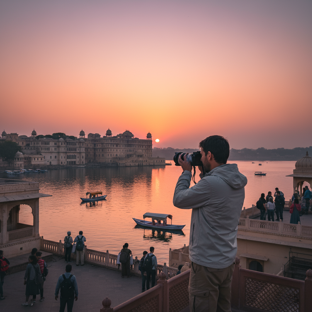 Traveler taking photos of City Palace, Udaipur at dusk