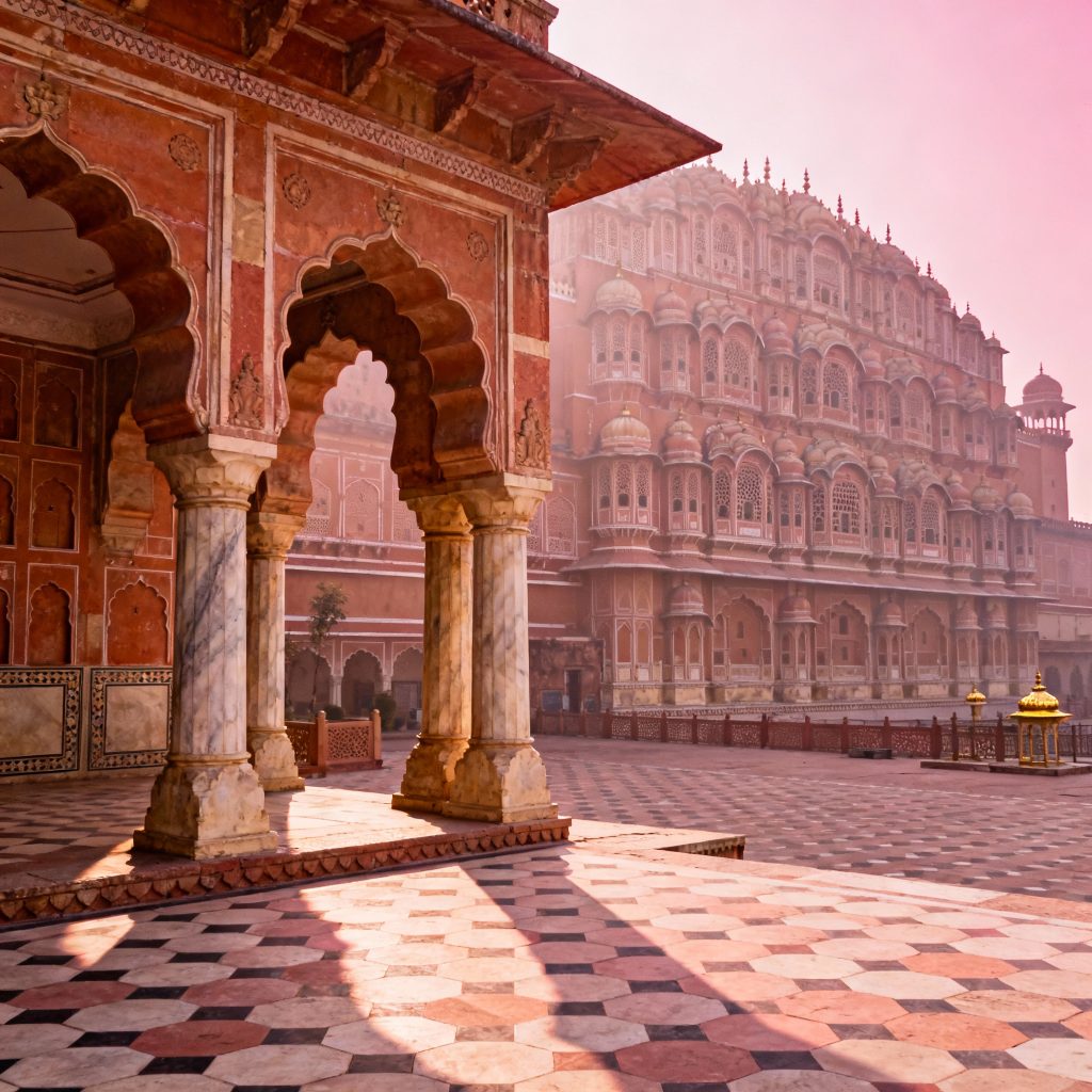 Amber Fort courtyard and Hawa Mahal façade bathed in warm pink light.