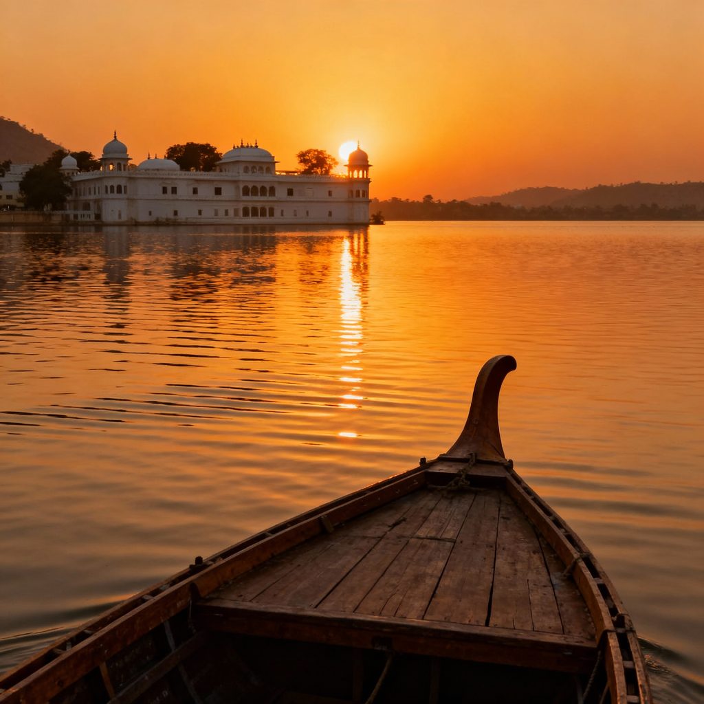 Sunset boat on Lake Pichola with Lake Palace in view.