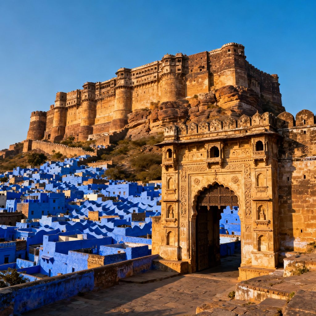 Mehrangarh Fort view from the city, highlighting Jodhpur’s blue rooftops.