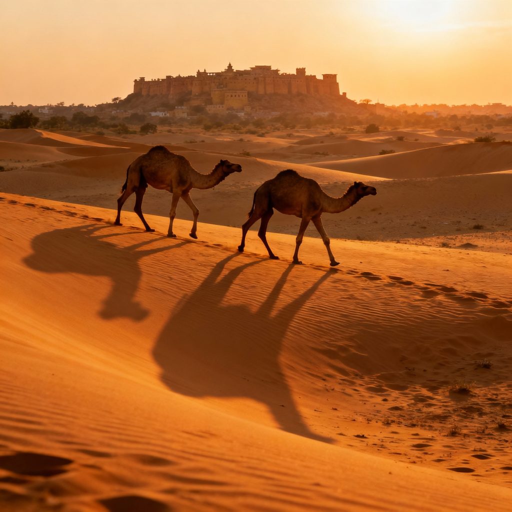 Camels walking over golden dunes at sunset near Jaisalmer.
