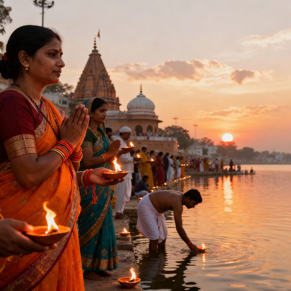 Devotees at Pushkar Lake during evening aarti