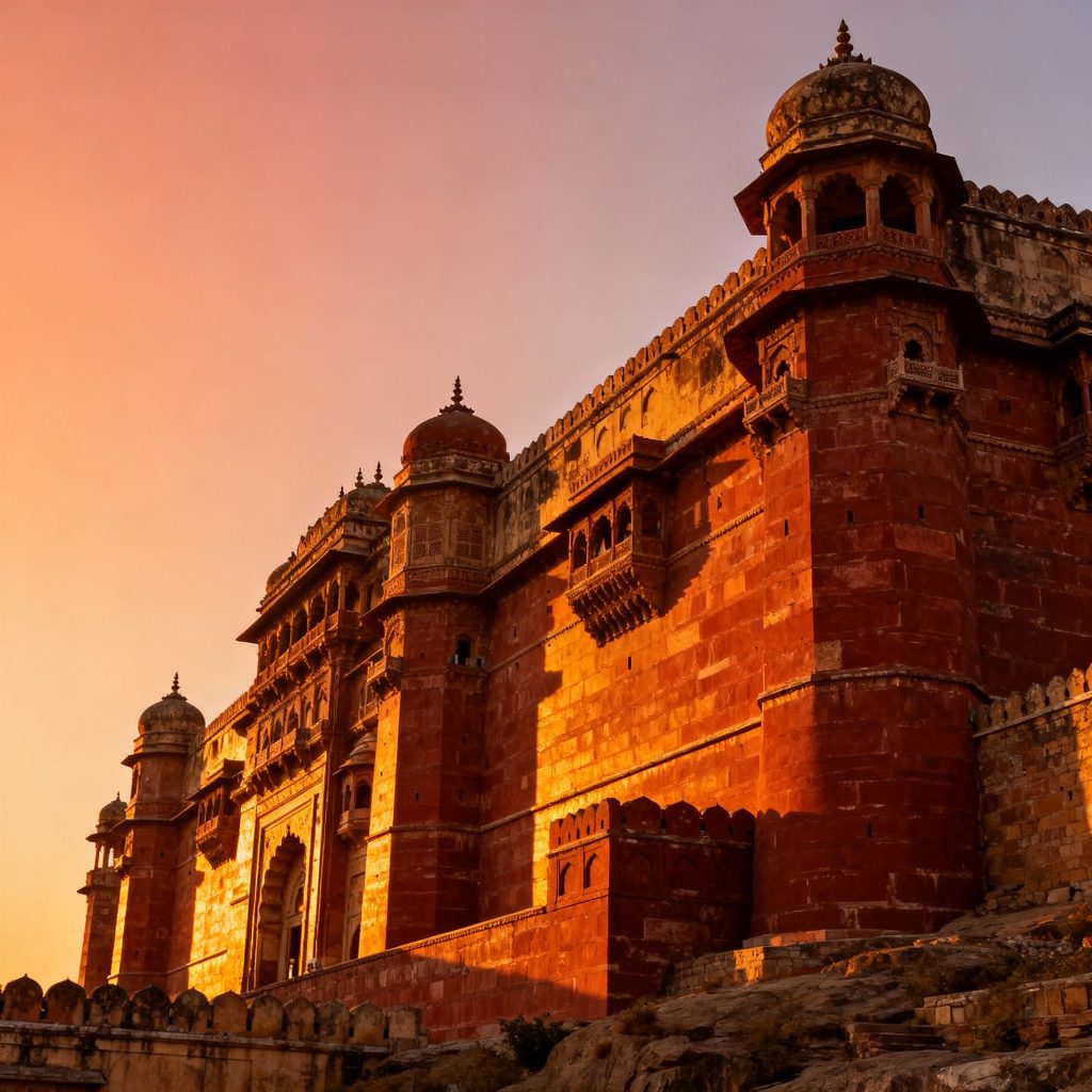 Junagarh Fort’s red sandstone walls lit up during sunset