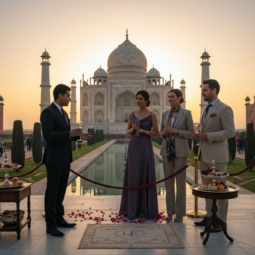 Elegantly dressed guests and a private guide enjoy a luxurious sunrise gathering in front of the Taj Mahal, with gourmet snacks and drinks arranged, symbolizing exclusivity and sophistication.