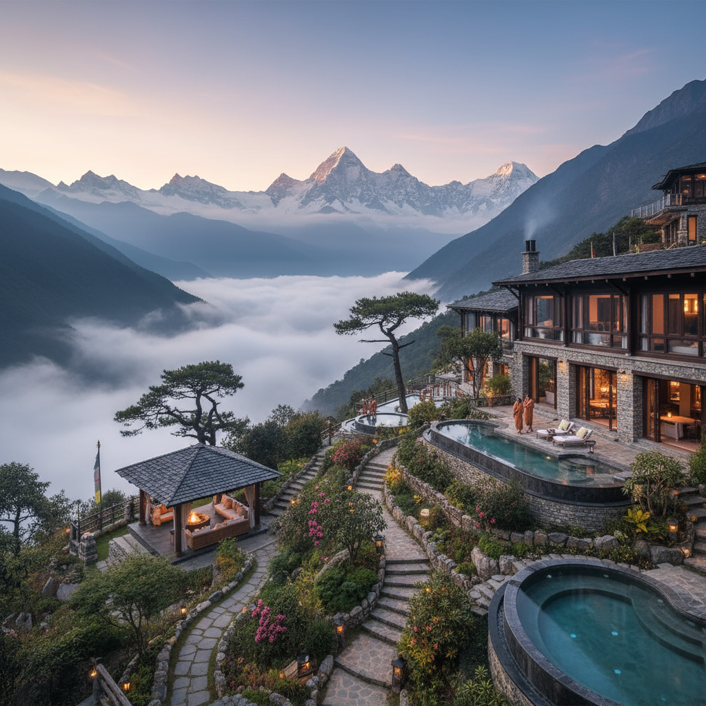 Luxurious Himalayan resort nestled amidst misty mountains, featuring elegant architecture, landscaped paths, pools, and an outdoor lounge overlooking a breathtaking valley at sunrise.