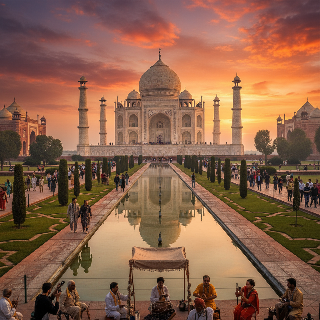 Travelers stand before the Taj Mahal at sunset, immersed in its radiant beauty and historic grandeur.