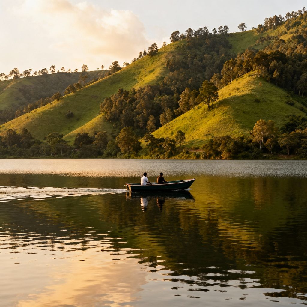 Boating scene on Nakki Lake surrounded by hills.
