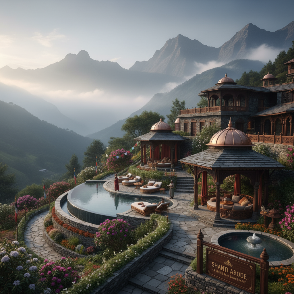 A luxurious mountain retreat nestled amid misty peaks and lush gardens, designed for peaceful relaxation and premium Indian hospitality.
