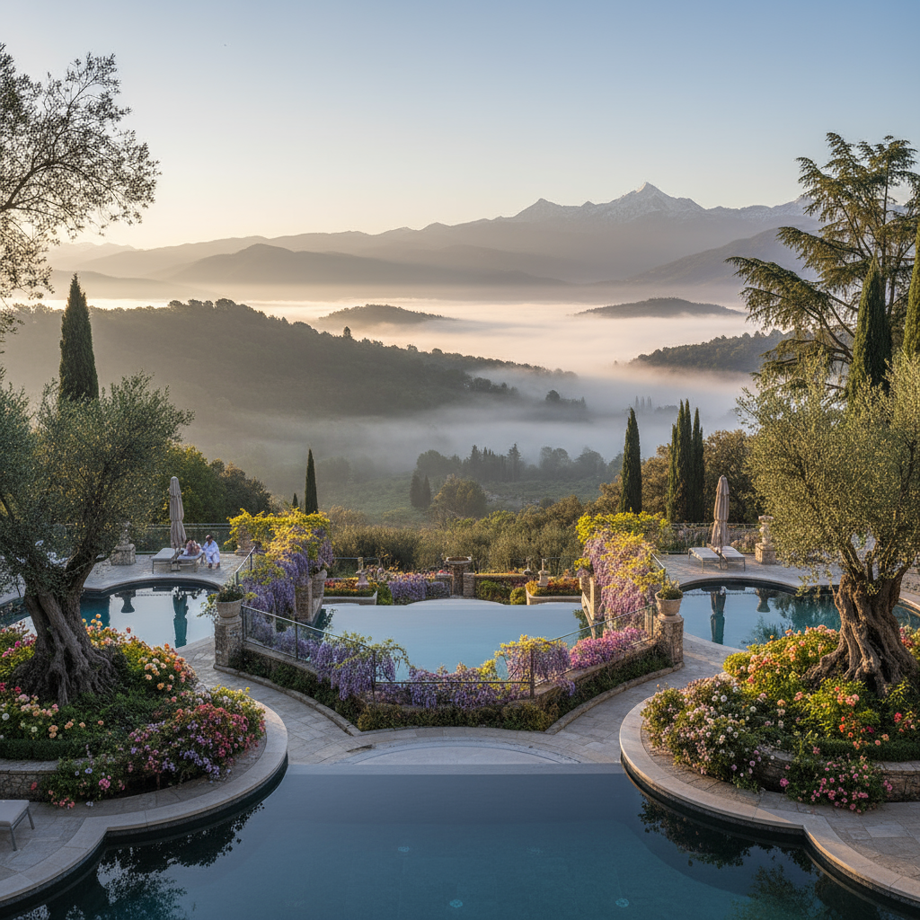 Hilltop resort overlooking a misty green valley at sunrise, with mountain peaks, elegant terraces, flowering gardens, tranquil pools, and ancient trees evoking scenic luxury.