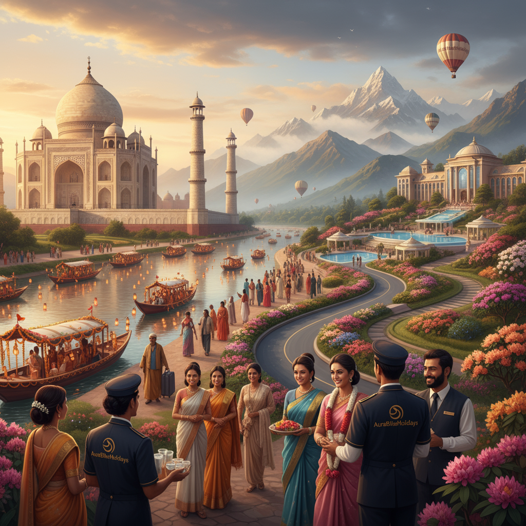 Guests welcomed by AuraBlissHolidays hosts at the Taj Mahal at sunset, surrounded by vibrant flowers and glowing lanterns, with a luxury mountain resort visible in the background.