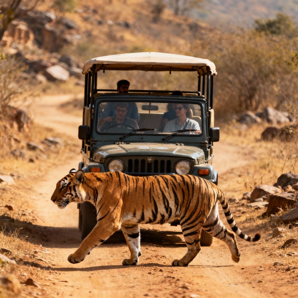 Tiger crossing in front of a safari jeep in Ranthambore.