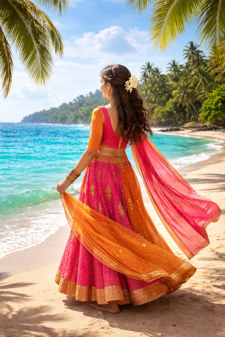 Indian woman in traditional attire enjoying a serene beach view with turquoise waters and palm trees in India.